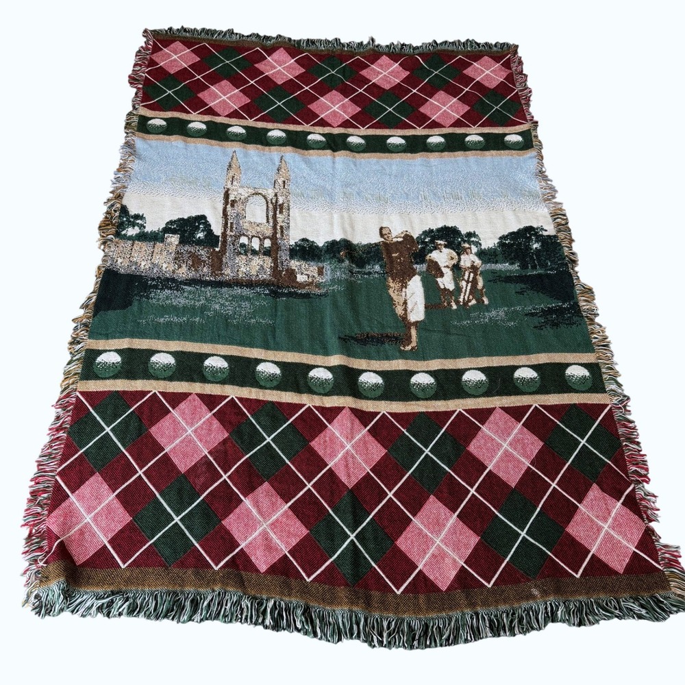 Vintage Golf Woven Cotton Tapestry Throw Blanket Argyle Fringe Made in USA 50x72